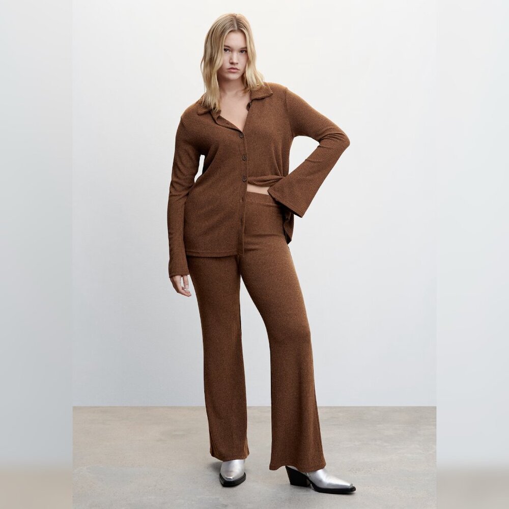 Mango Brown Ribbed Shirt and Flare Trousers Set